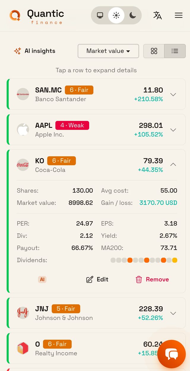 Liste des positions Quantic avec analyses IA, scores de sécurité et gains/pertes en direct pour chaque action à dividende